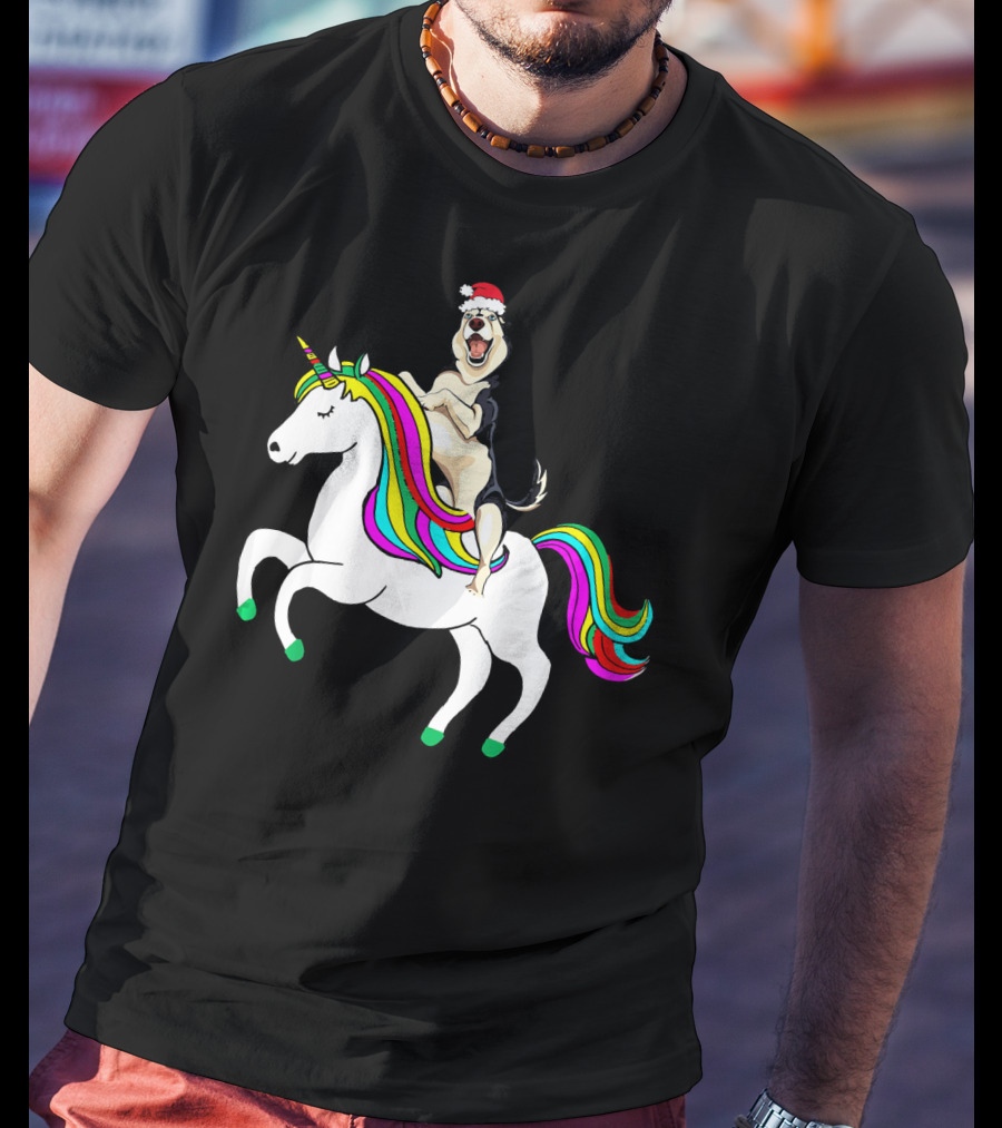 Pug Christmas Dog Riding Rainbow Unicorn T-Shirt