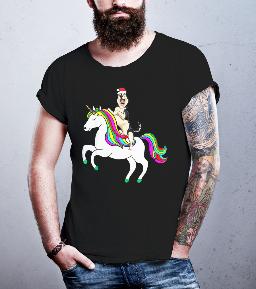 Pug Christmas Dog Riding Rainbow Unicorn T-Shirt
