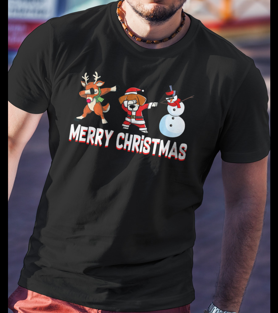 Merry Christmas Reindeer Santa Dog And Snowman T-Shirt