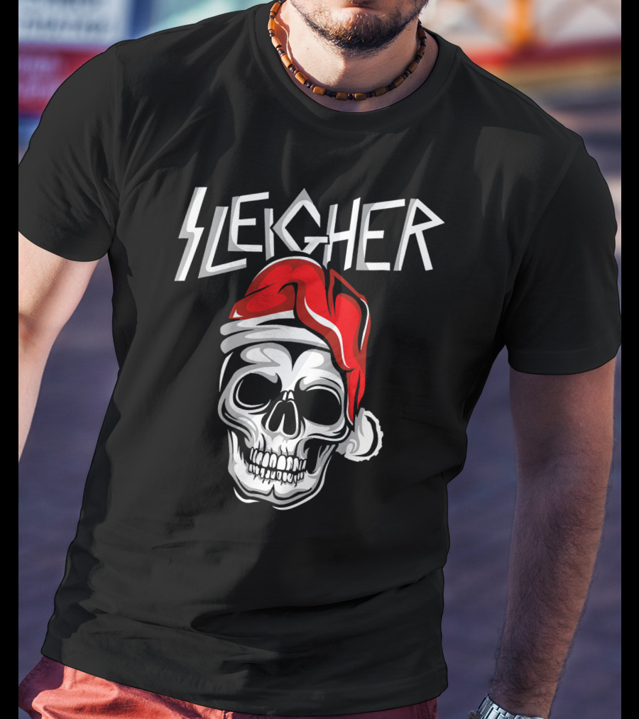 Sleigher Heavy Metal Music Skull With Santa Hat T-Shirt
