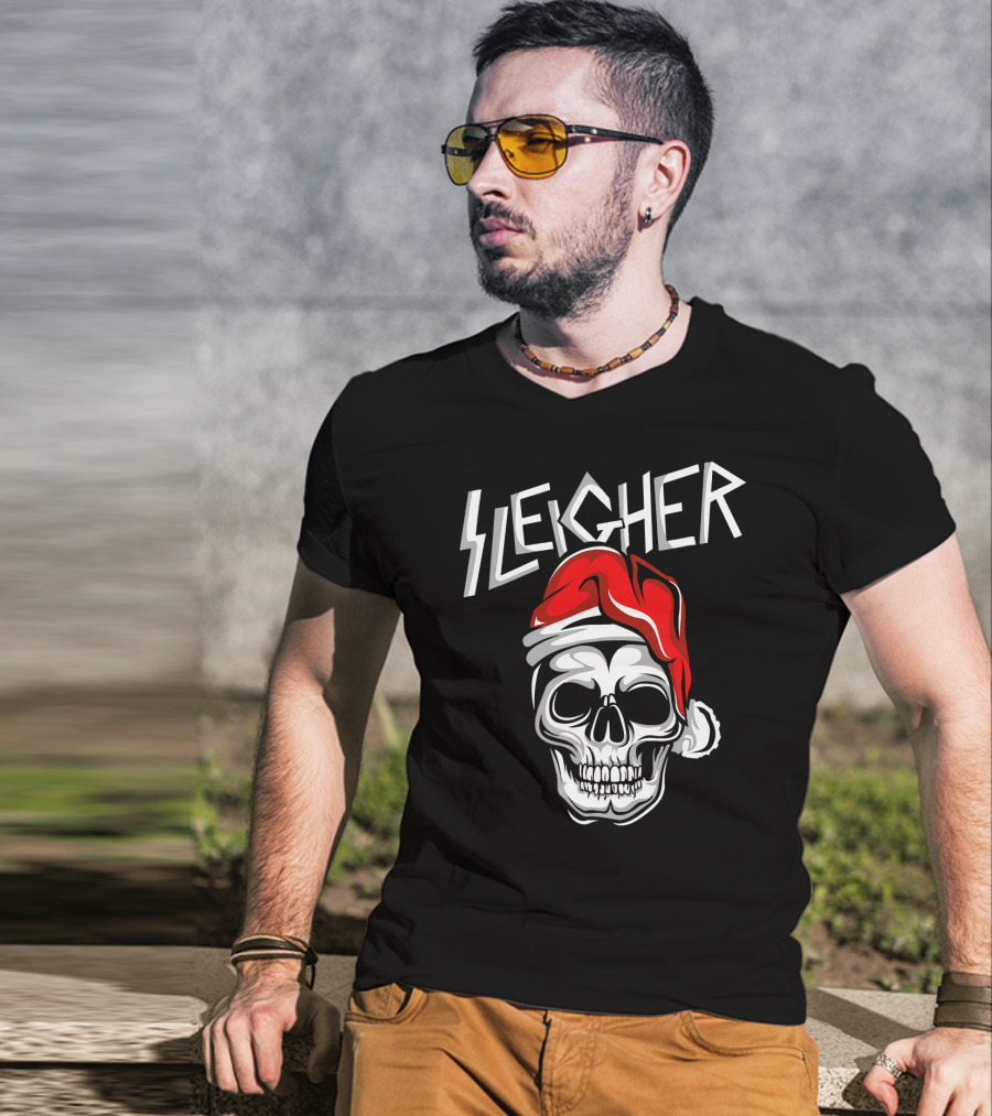 Sleigher Heavy Metal Music Skull With Santa Hat T-Shirt