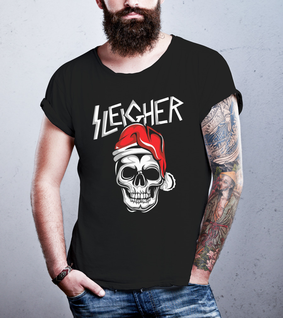Sleigher Heavy Metal Music Skull With Santa Hat T-Shirt