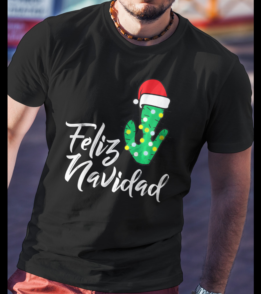 Feliz Navidad Cactus With Santa Hat And Christmas Lights T-Shirt