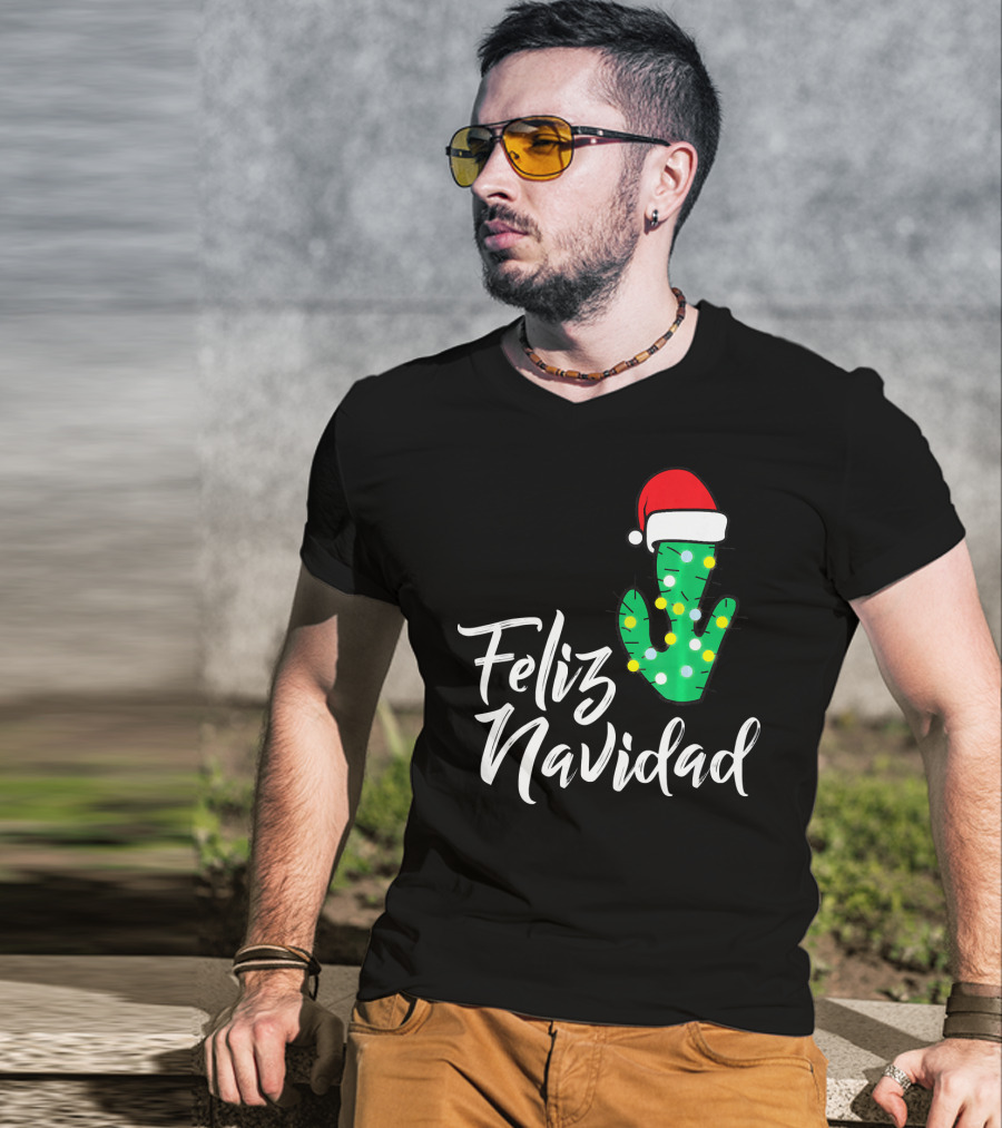 Feliz Navidad Cactus With Santa Hat And Christmas Lights T-Shirt