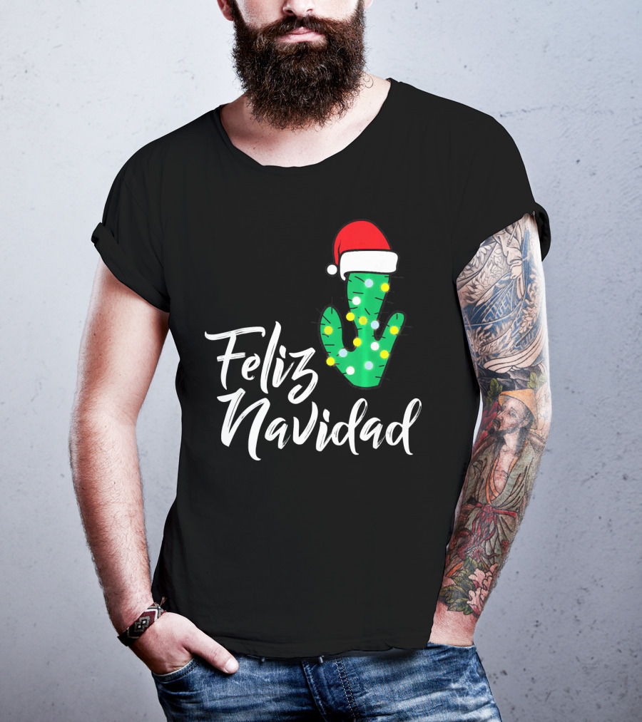 Feliz Navidad Cactus With Santa Hat And Christmas Lights T-Shirt