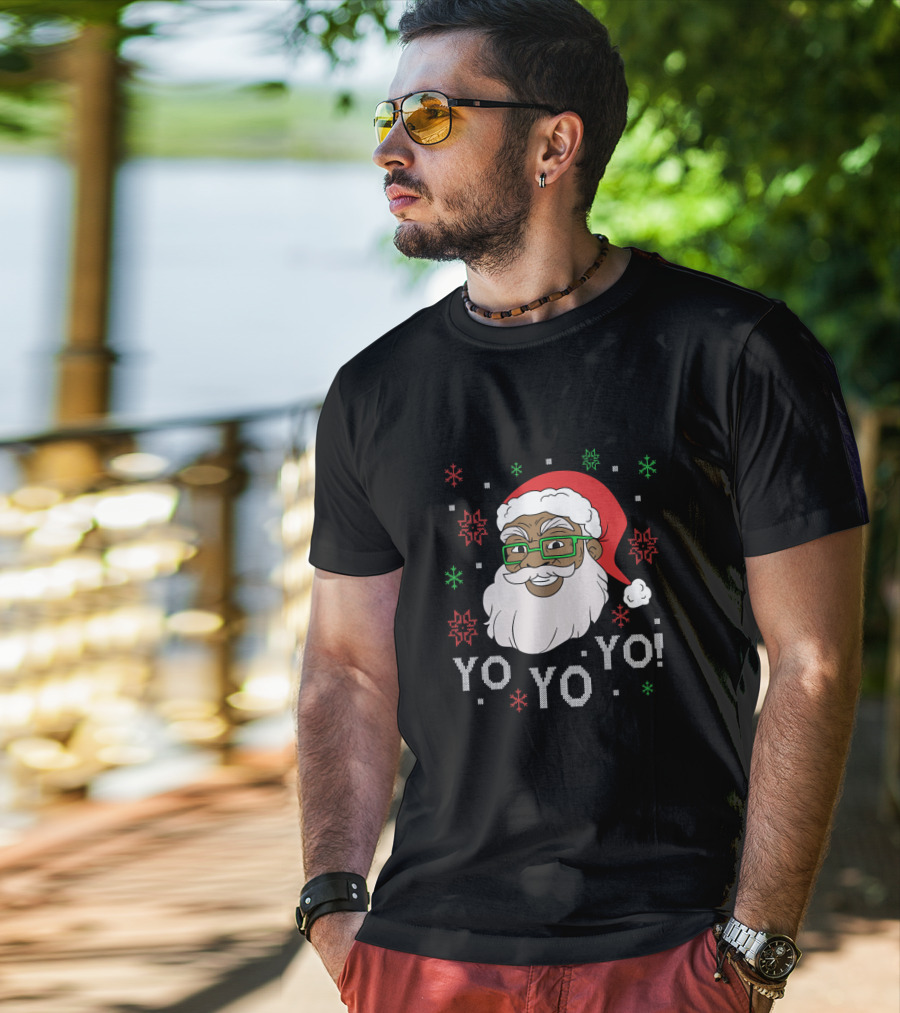 Yo Yo Yo Fun Black Santa Claus Christmas Snowflakes Glasses T-Shirt