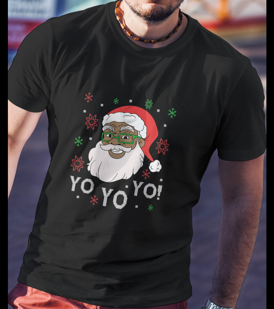 Yo Yo Yo Fun Black Santa Claus Christmas Snowflakes Glasses T-Shirt