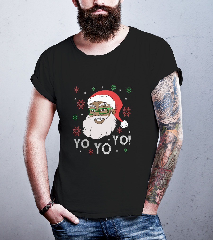 Yo Yo Yo Fun Black Santa Claus Christmas Snowflakes Glasses T-Shirt