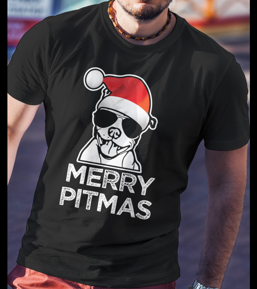 Merry Pitmas Funny Christmas Pitbull With Santa Hat And Sunglasses T-Shirt