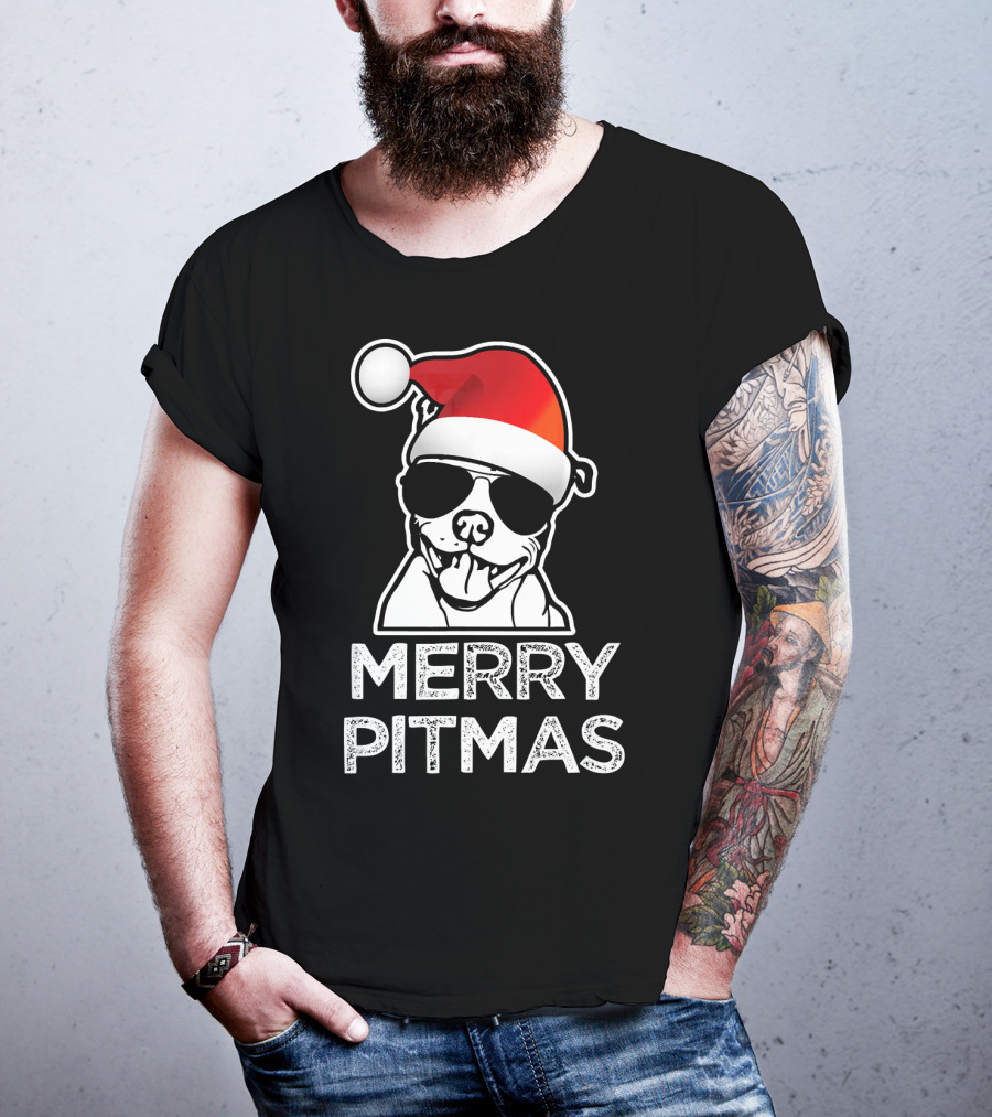 Merry Pitmas Funny Christmas Pitbull With Santa Hat And Sunglasses T-Shirt