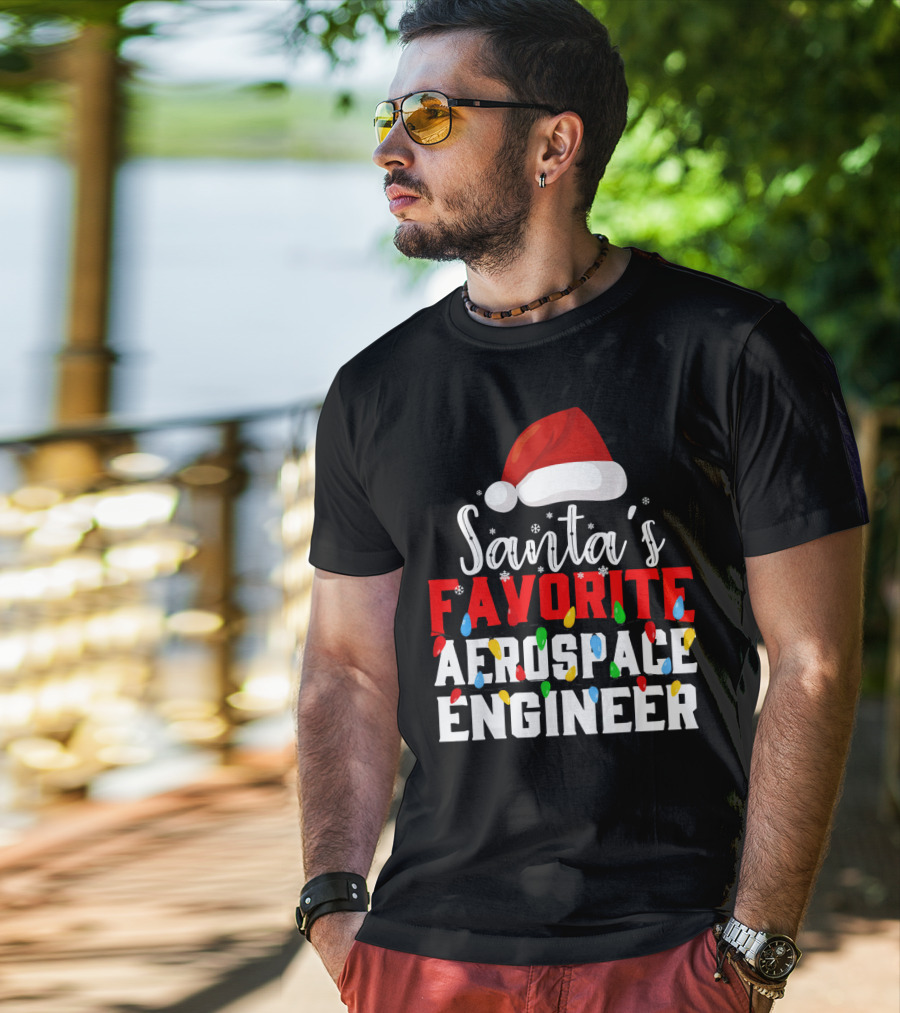 Santa's Favorite Aerospace Engineer Chris With Christmas Lights And Santa Hat T-Shirt