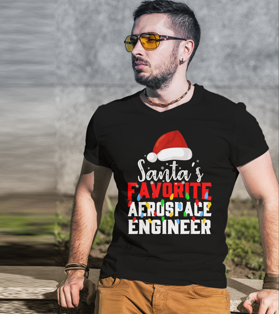 Santa's Favorite Aerospace Engineer Chris With Christmas Lights And Santa Hat T-Shirt