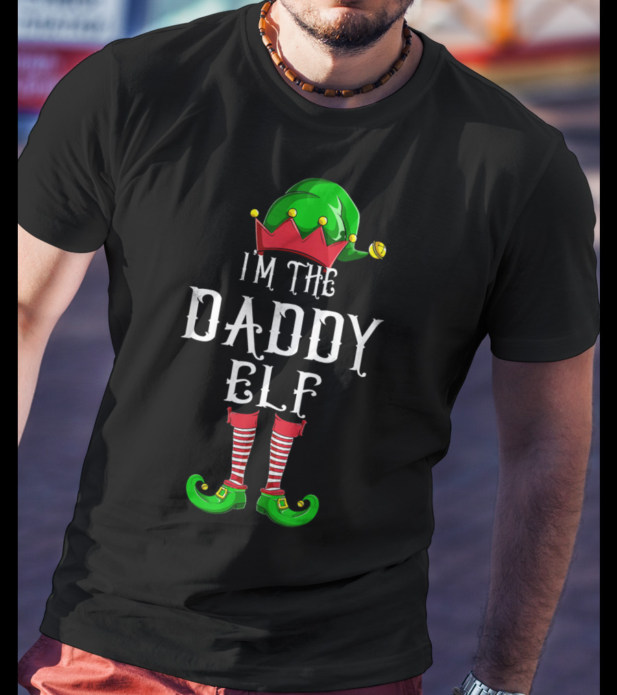 I'm The Daddy Elf Christmas Costume Green Hat Red White Striped Socks T-Shirt