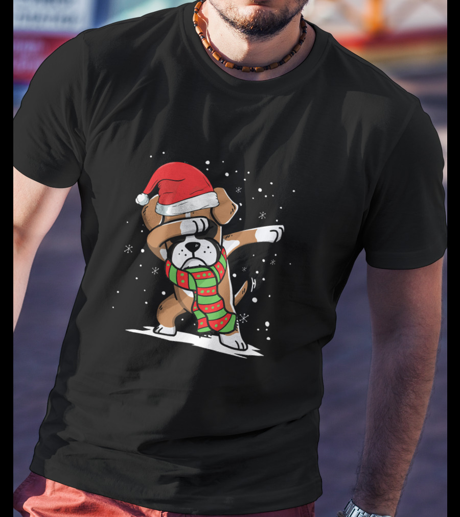 Santa Hat Dabbing Boxer With Christmas Scarf T-Shirt