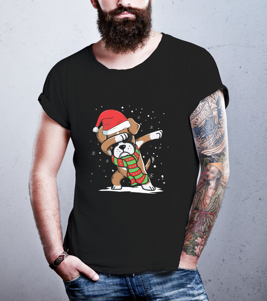 Santa Hat Dabbing Boxer With Christmas Scarf T-Shirt