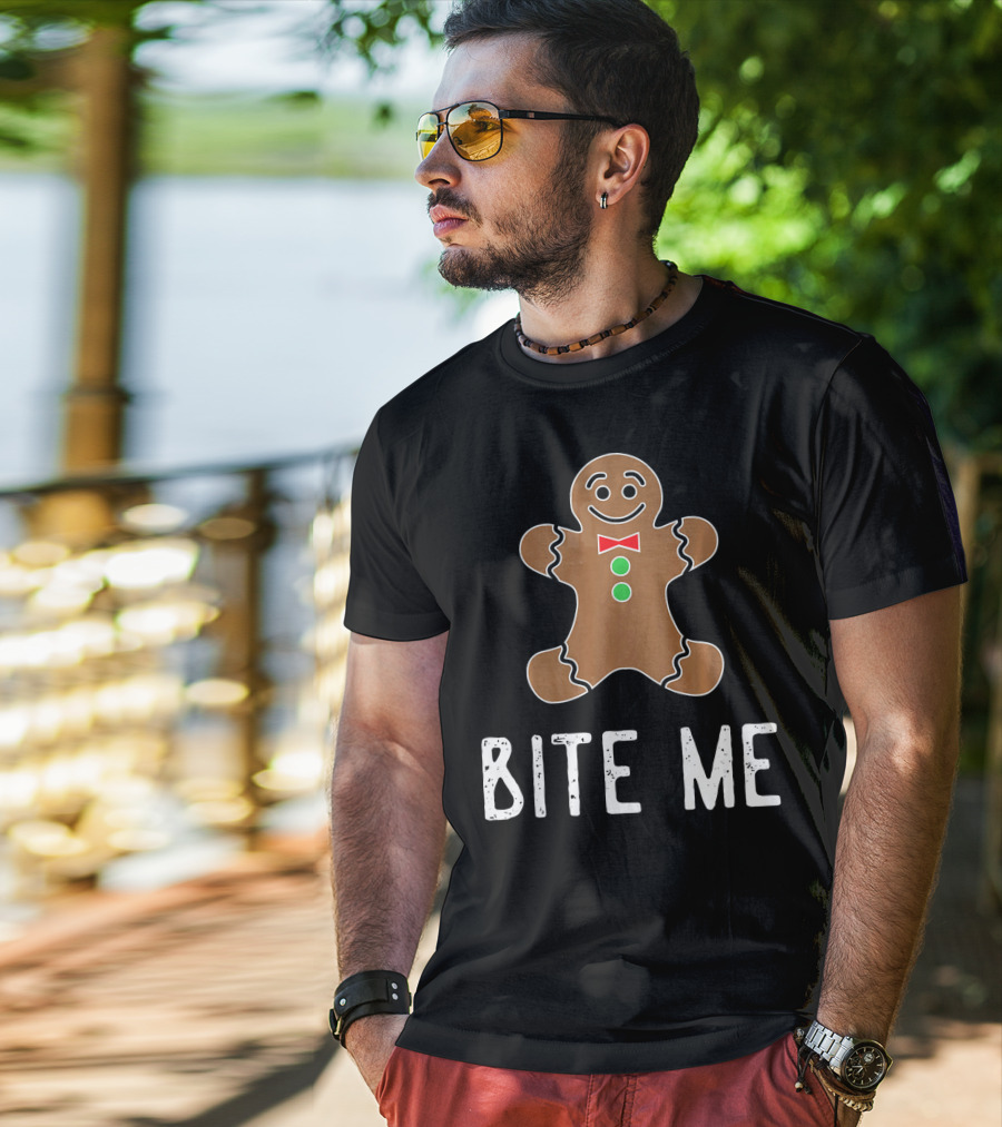 Bite Me Gingerbread Cookie Red Bow Tie Green Buttons T-Shirt