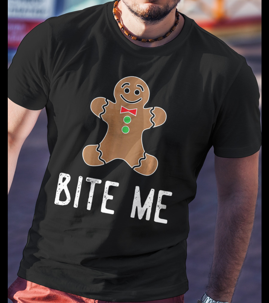 Bite Me Gingerbread Cookie Red Bow Tie Green Buttons T-Shirt