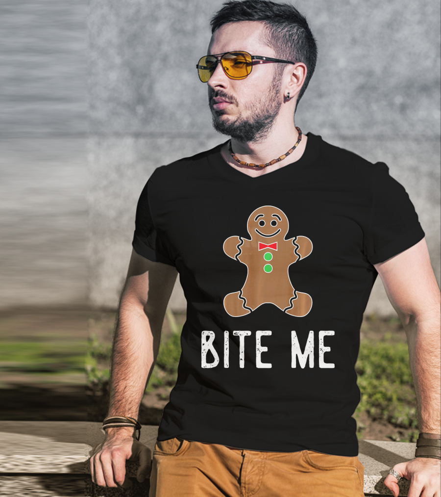 Bite Me Gingerbread Cookie Red Bow Tie Green Buttons T-Shirt