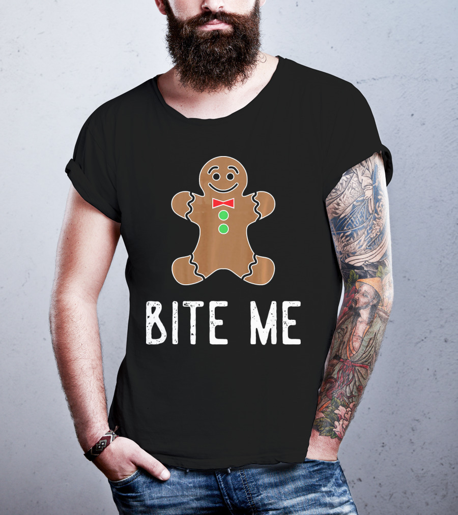 Bite Me Gingerbread Cookie Red Bow Tie Green Buttons T-Shirt