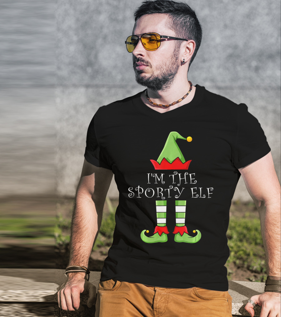 I'm The Sporty Elf Christmas Hat And Striped Shoes T-Shirt