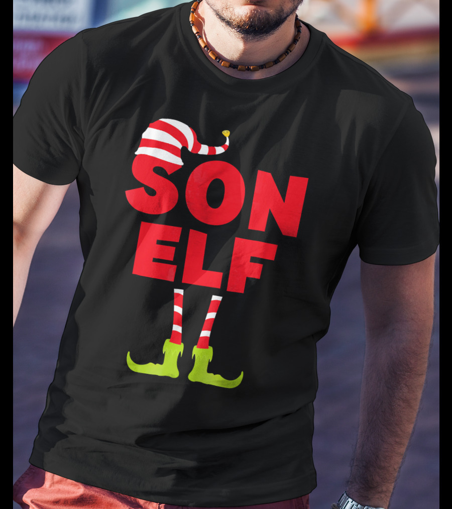 Son Elf Matching Christmas Costume Striped Hat And Socks T-Shirt