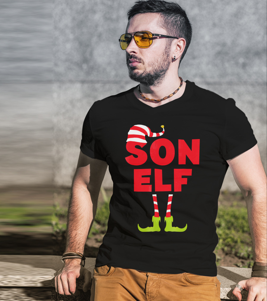 Son Elf Matching Christmas Costume Striped Hat And Socks T-Shirt