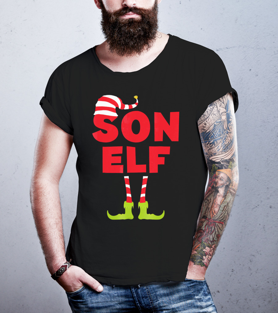 Son Elf Matching Christmas Costume Striped Hat And Socks T-Shirt