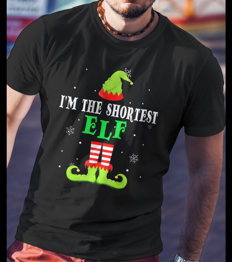 I'm The Shortest Elf Festive Holiday Design Snowflakes Green Hat Red Striped Legs T-Shirt