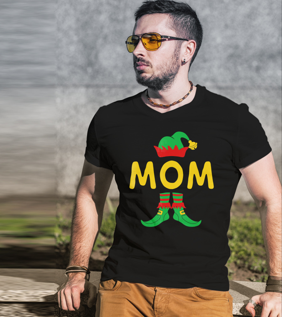 Mom Elf Funny Christmas Family Mat Festive Green And Red T-Shirt
