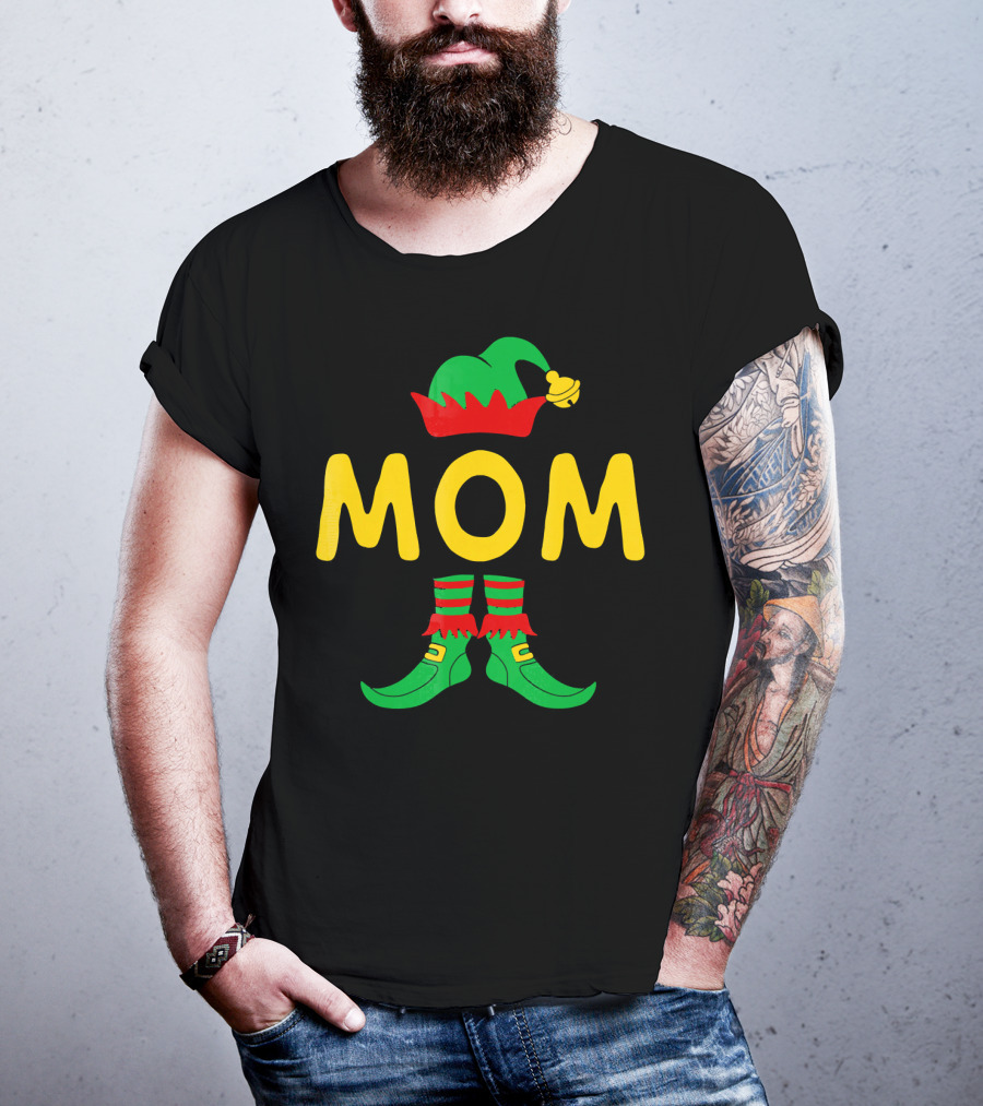 Mom Elf Funny Christmas Family Mat Festive Green And Red T-Shirt