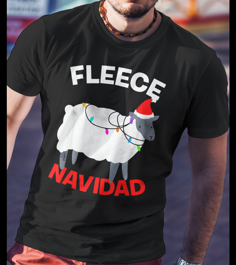 Fleece Navidad Funny Christmas Sheep Santa Hat Lights T-Shirt