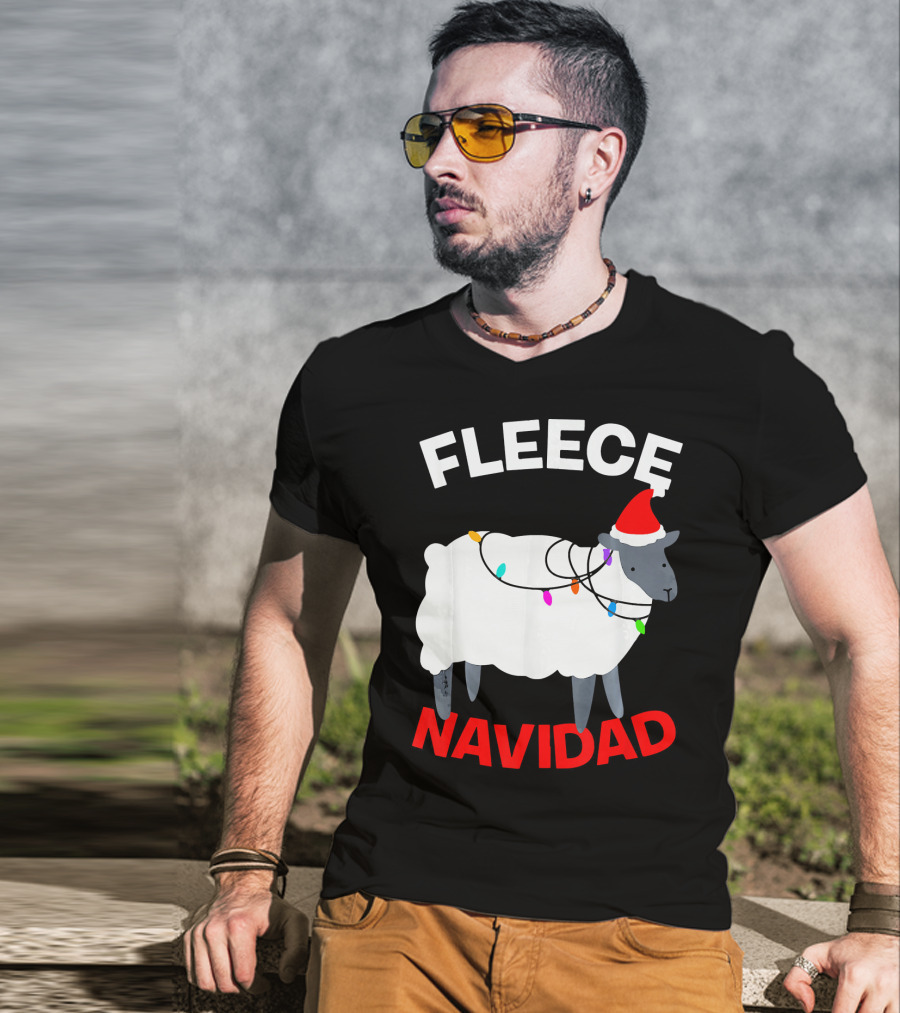 Fleece Navidad Funny Christmas Sheep Santa Hat Lights T-Shirt