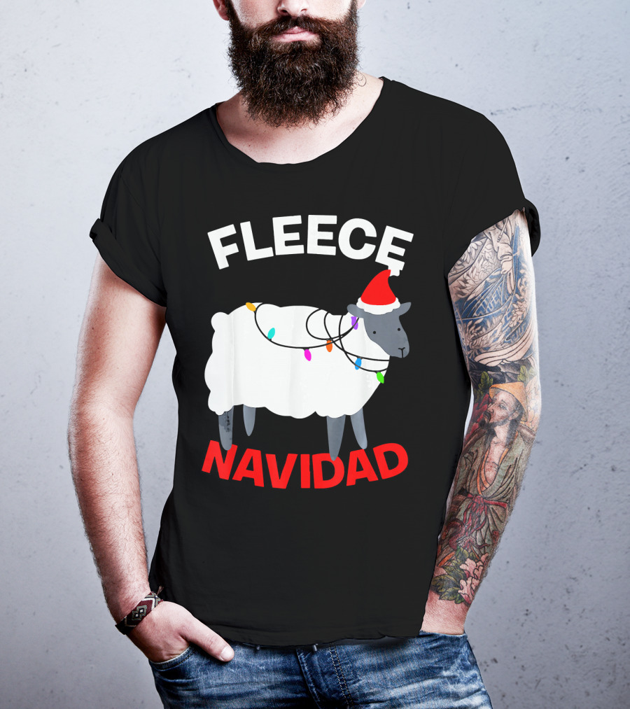 Fleece Navidad Funny Christmas Sheep Santa Hat Lights T-Shirt
