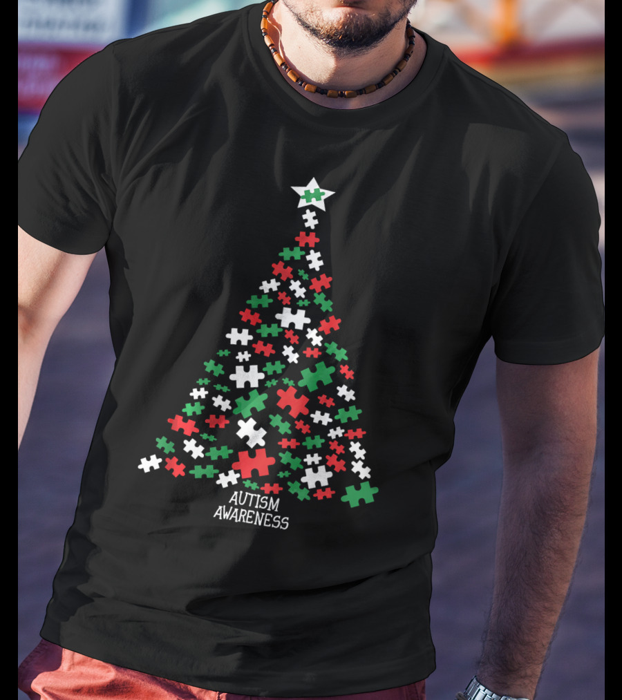 Christmas Autism Awareness Puzzle Piece Tree T-Shirt