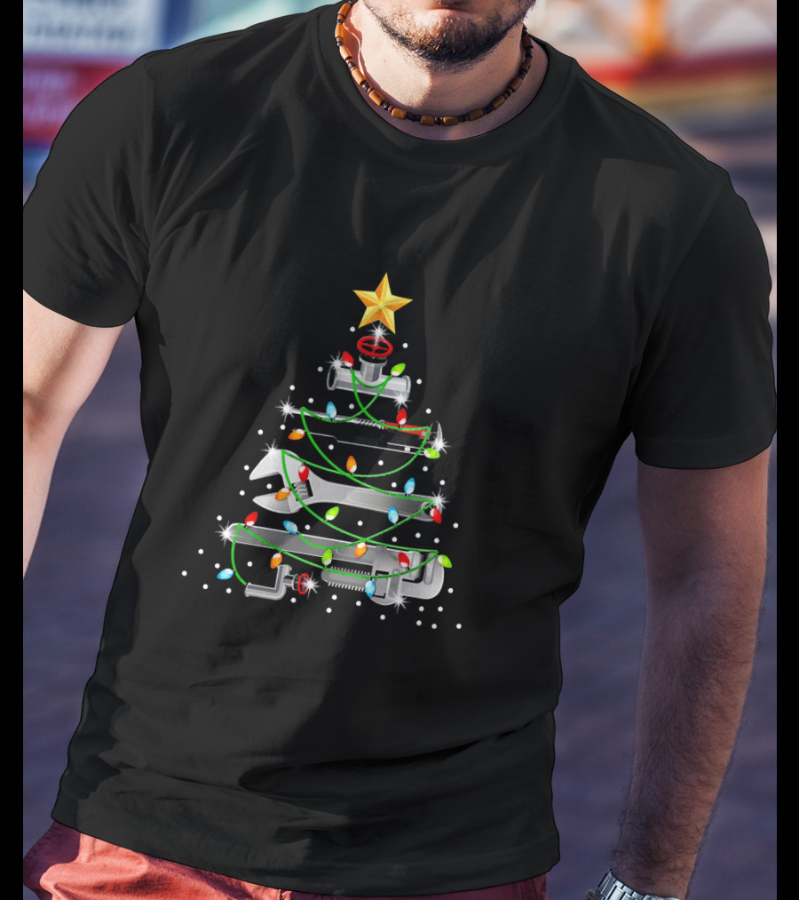 Plumber Christmas Tree Wrench Ornament With Lights And Star T-Shirt