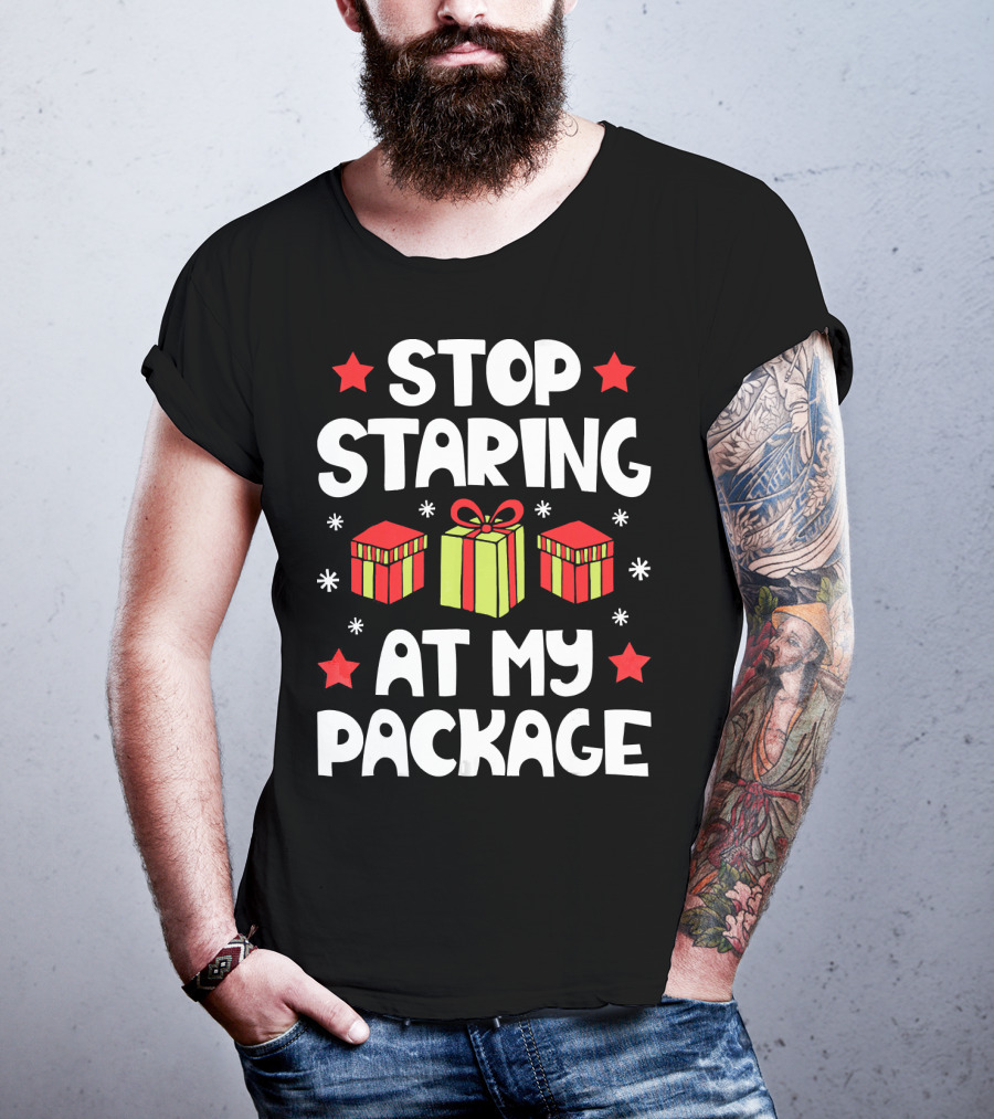 Stop Staring At My Package Christmas Gift Box Design With Stars And Snowflakes T-Shirt
