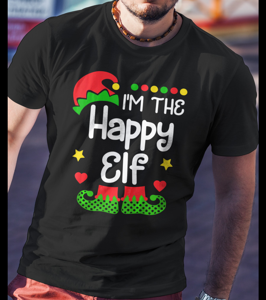 I'm The Happy Elf Christmas Hat Stars Hearts Dots T-Shirt