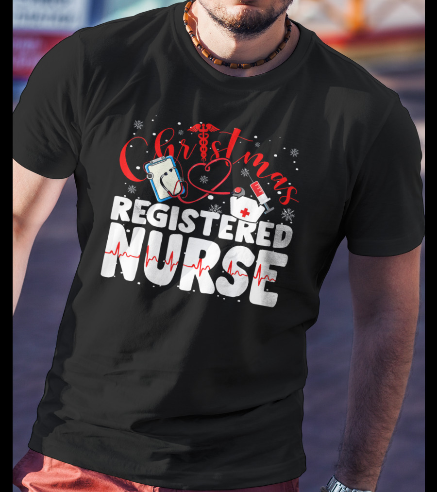 Christmas Registered Nurse With Medical Icons And Heartbeat T-Shirt