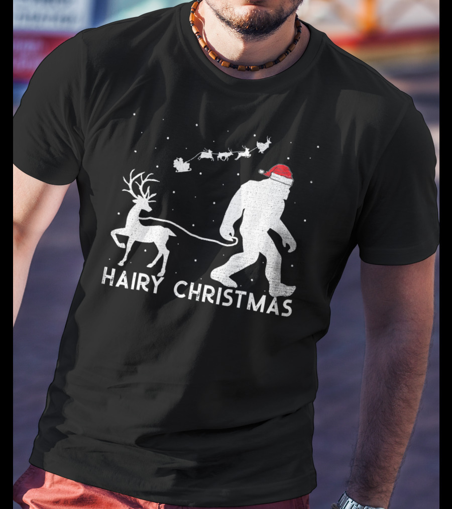Hairy Christmas Bigfoot Santa Reindeer Snow Scene T-Shirt