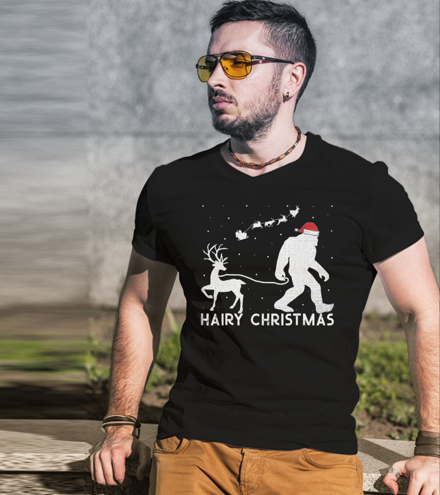 Hairy Christmas Bigfoot Santa Reindeer Snow Scene T-Shirt