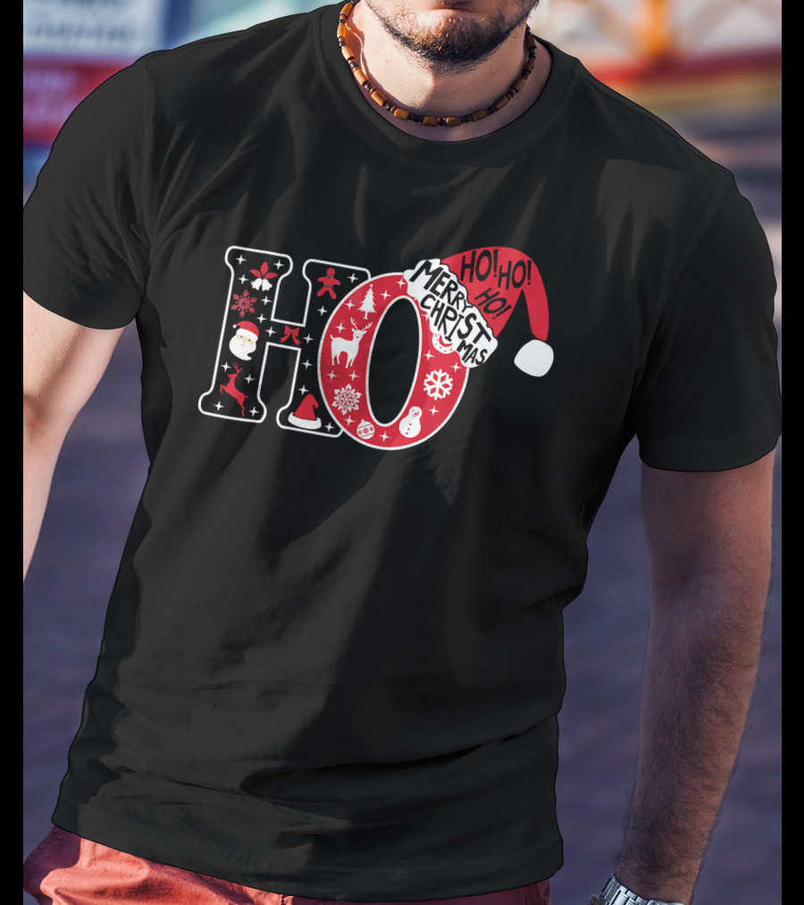 HO HO HO Merry Christmas Santa Hat Snowflakes T-Shirt