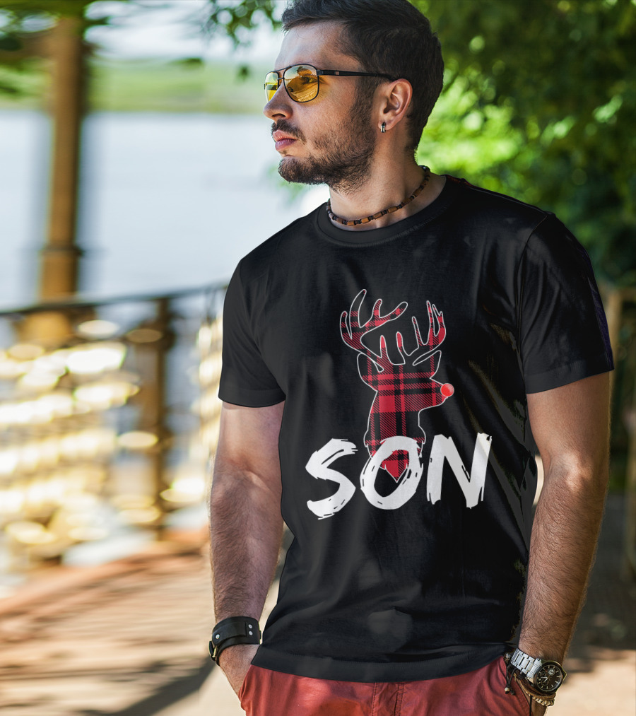 Son Family Matching Christmas Red Plaid Reindeer T-Shirt