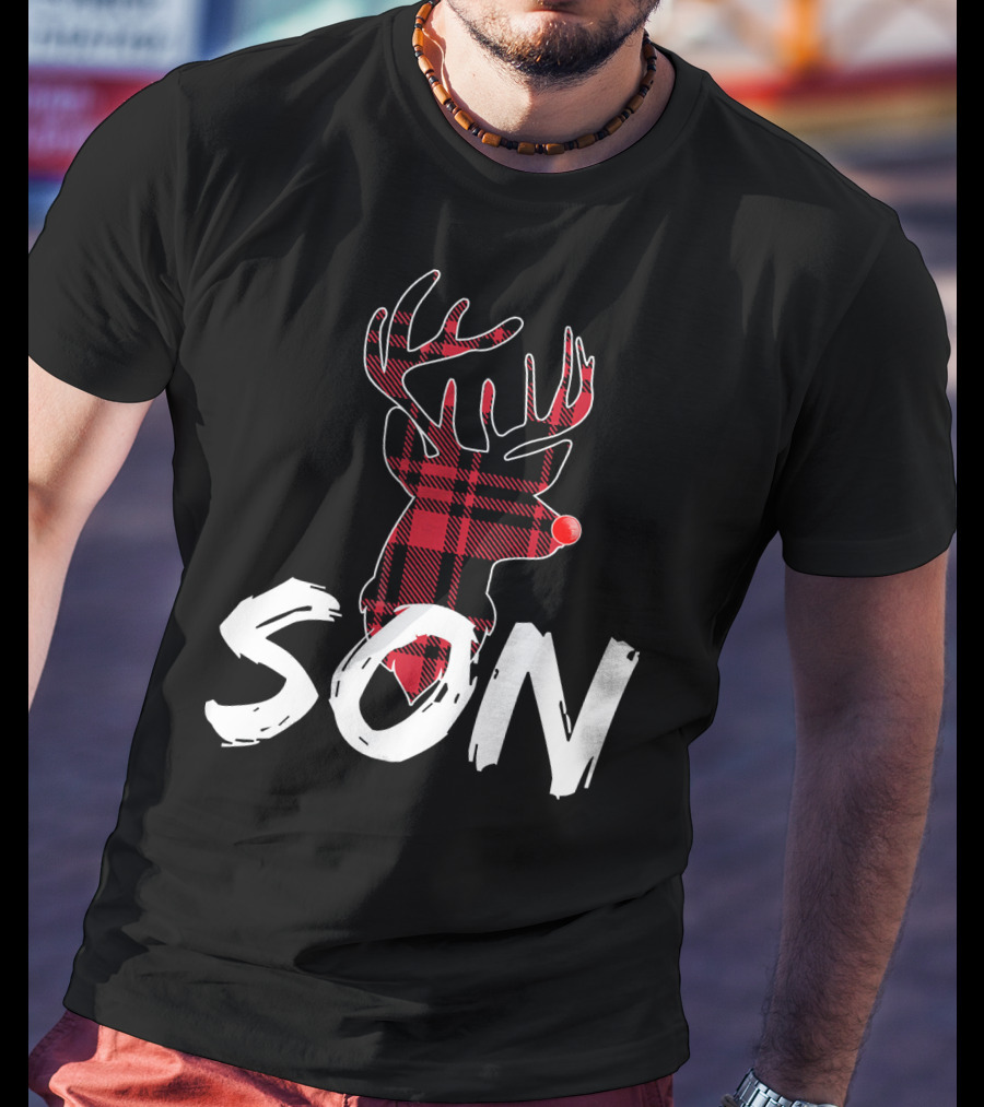 Son Family Matching Christmas Red Plaid Reindeer T-Shirt
