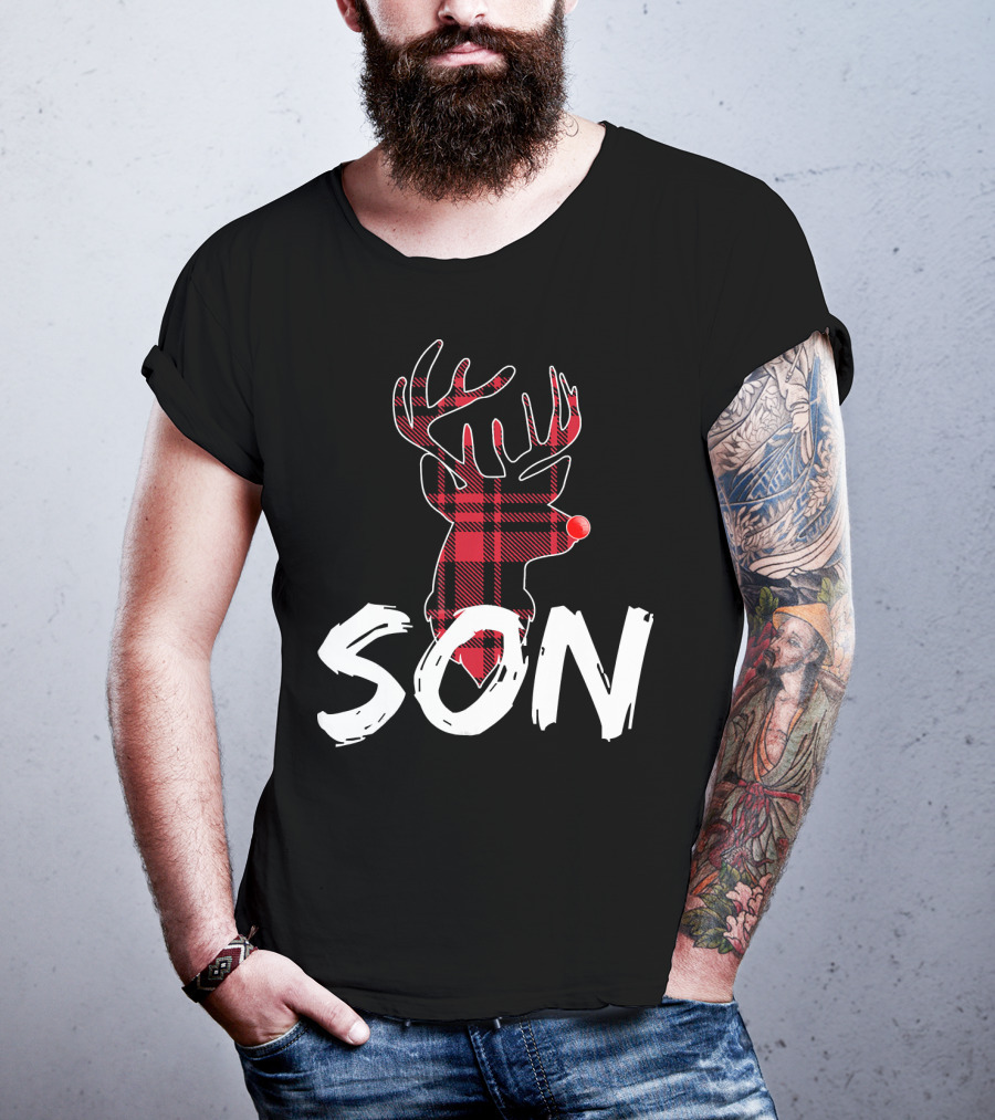 Son Family Matching Christmas Red Plaid Reindeer T-Shirt
