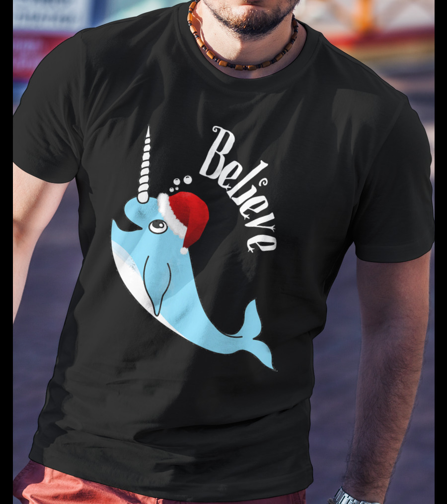 Believe Narwhal Christmas Cute Unicorn Santa Hat T-Shirt