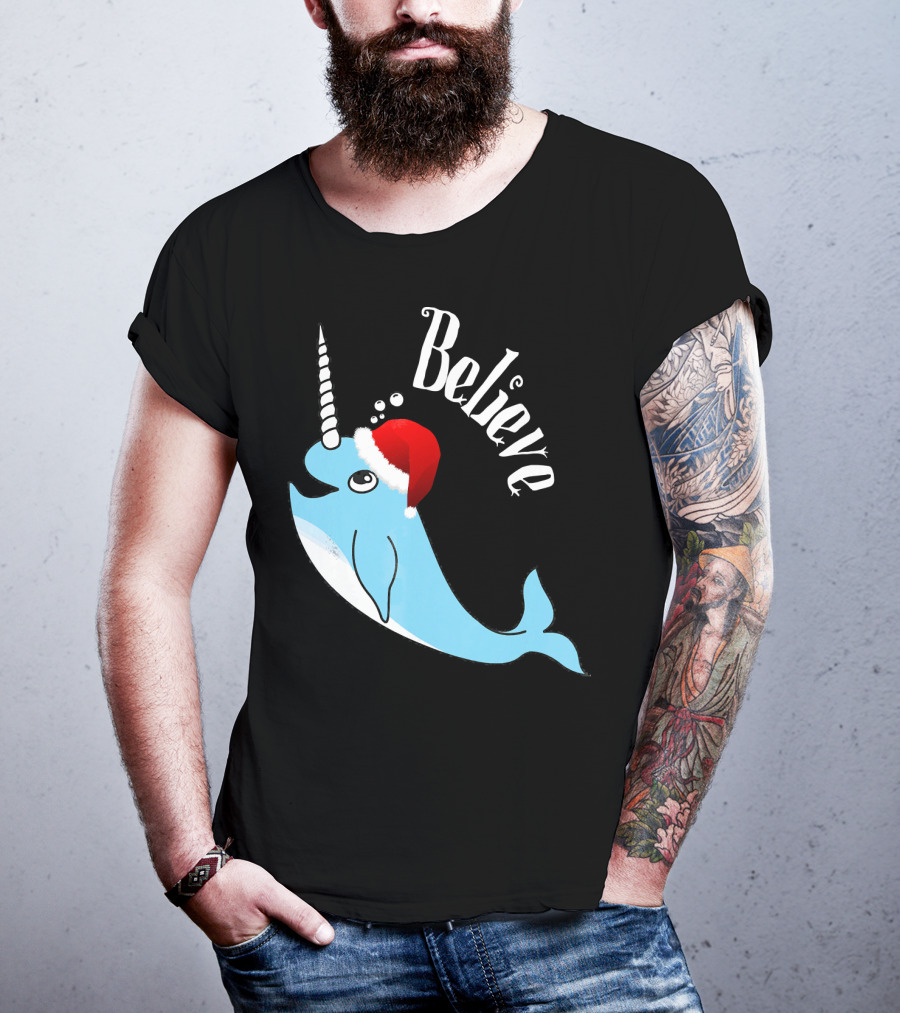 Believe Narwhal Christmas Cute Unicorn Santa Hat T-Shirt