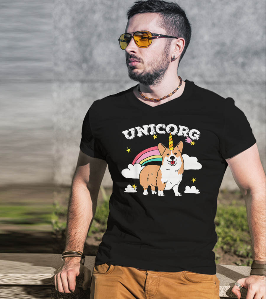 Unicorg Rainbow Unicorn Corgi With Stars And Clouds Birthday T-Shirt