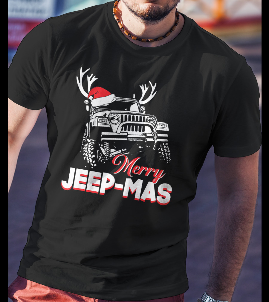 Merry Jeep-Mas Funny Jeep With Santa Hat And Reindeer Antlers T-Shirt