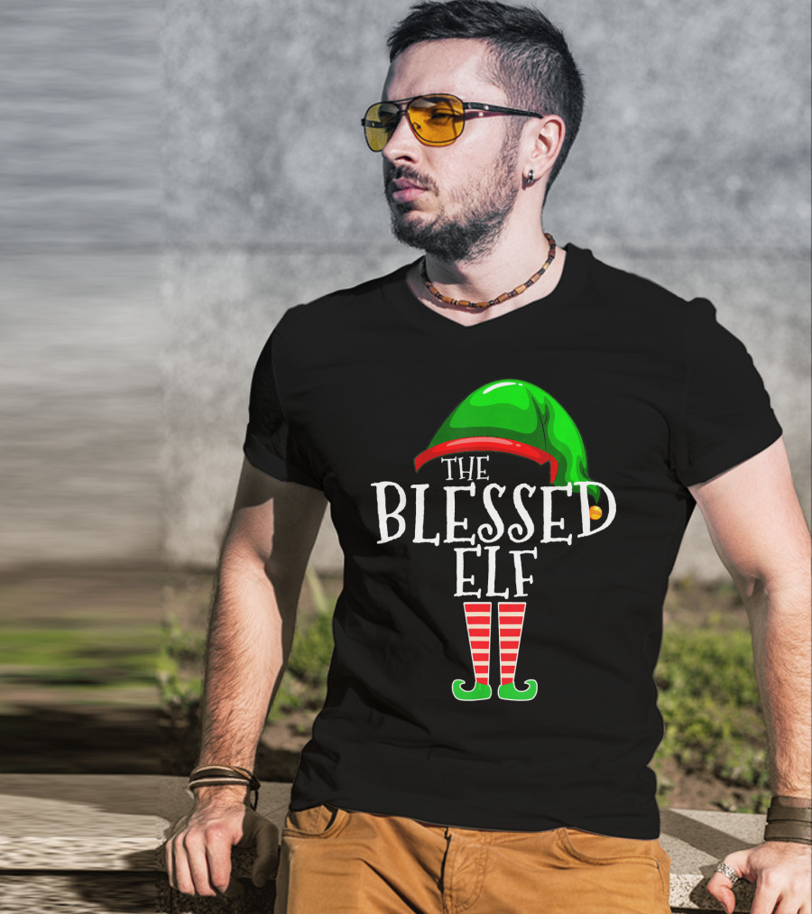 The Blessed Elf Hat And Striped Legs Christmas T-Shirt