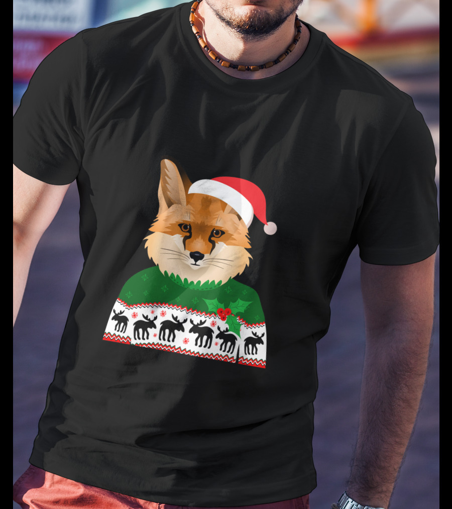 Long Sleeve Fox Ugly Christmas Sweater Santa Hat T-Shirt